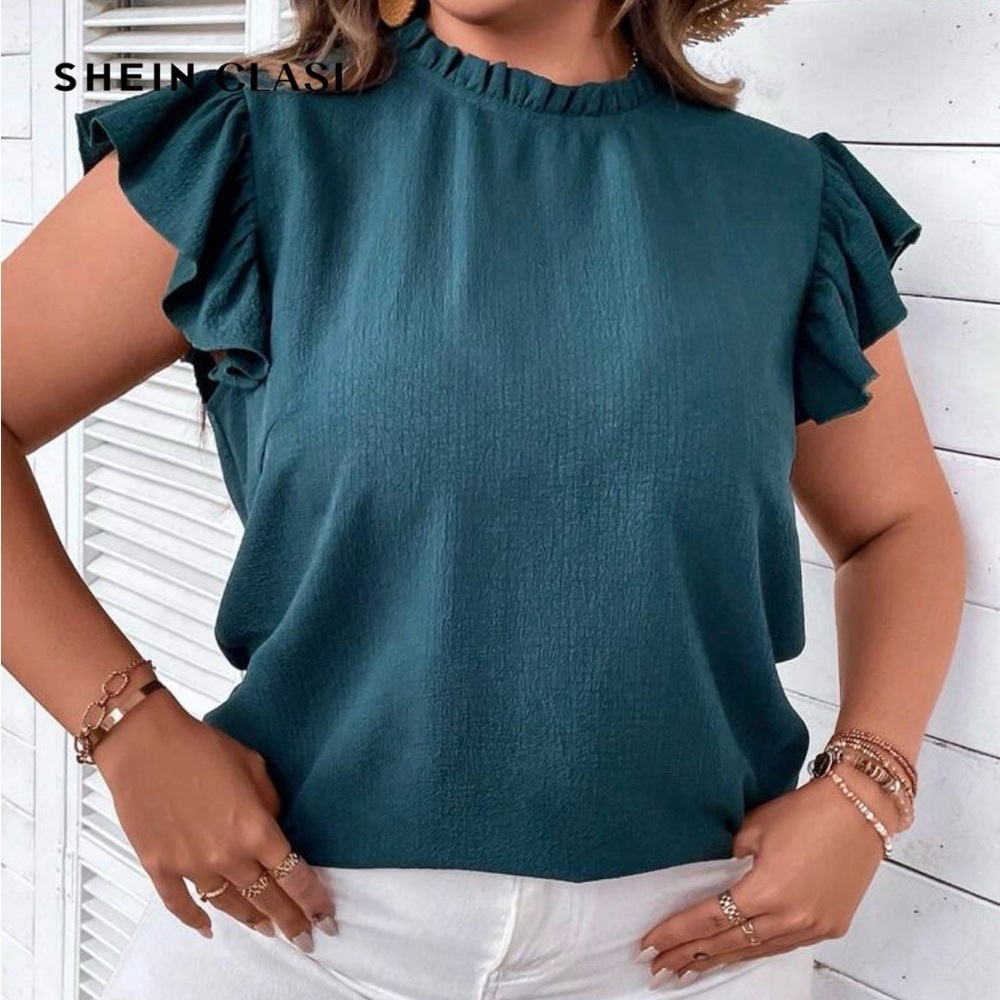 SHEIN Deep Teal Ruffle Sleeve Blouse